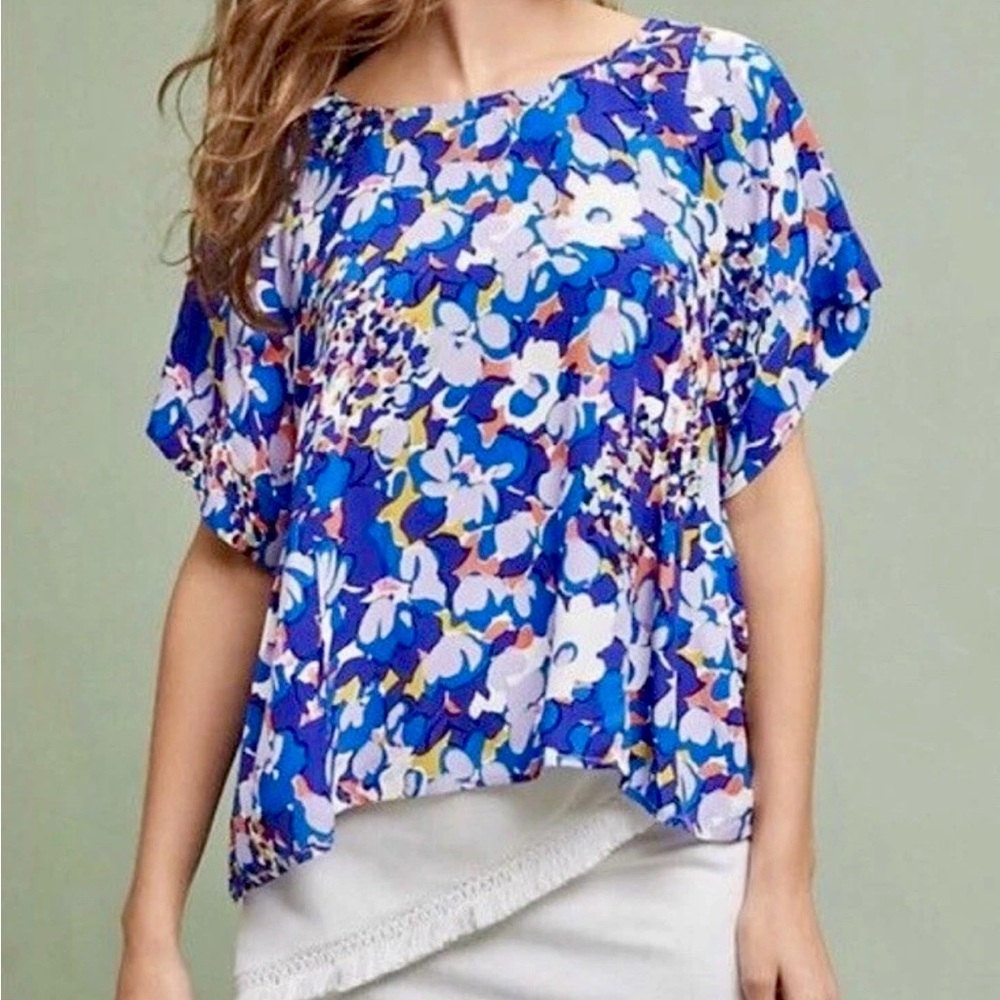 Maeve Anthropologie Floral Blouse Size Small | Boho Top Blue Purple Short Sleeve